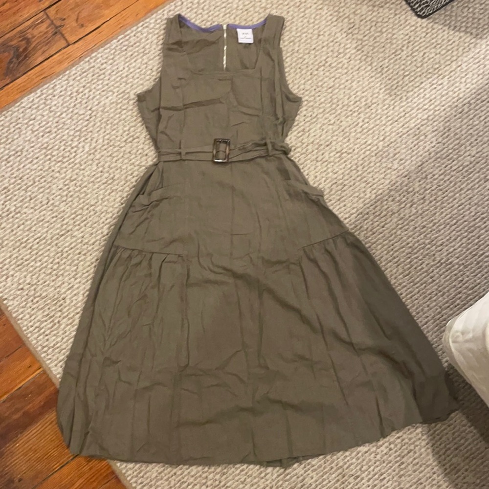 Olive green midi dress with pockets and matching belt